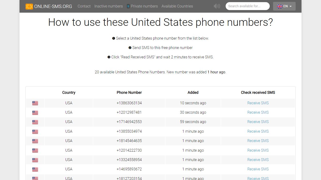 Receive Free SMS Online for United States 7 numbers are ready to ...